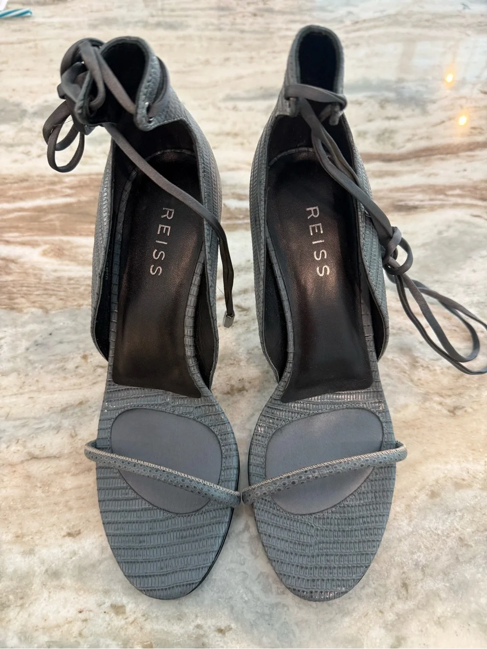 REISS Coco Ankle Tie Lizard Embossed Leather Sandals Heels Grey 37 US 6.5 / 7